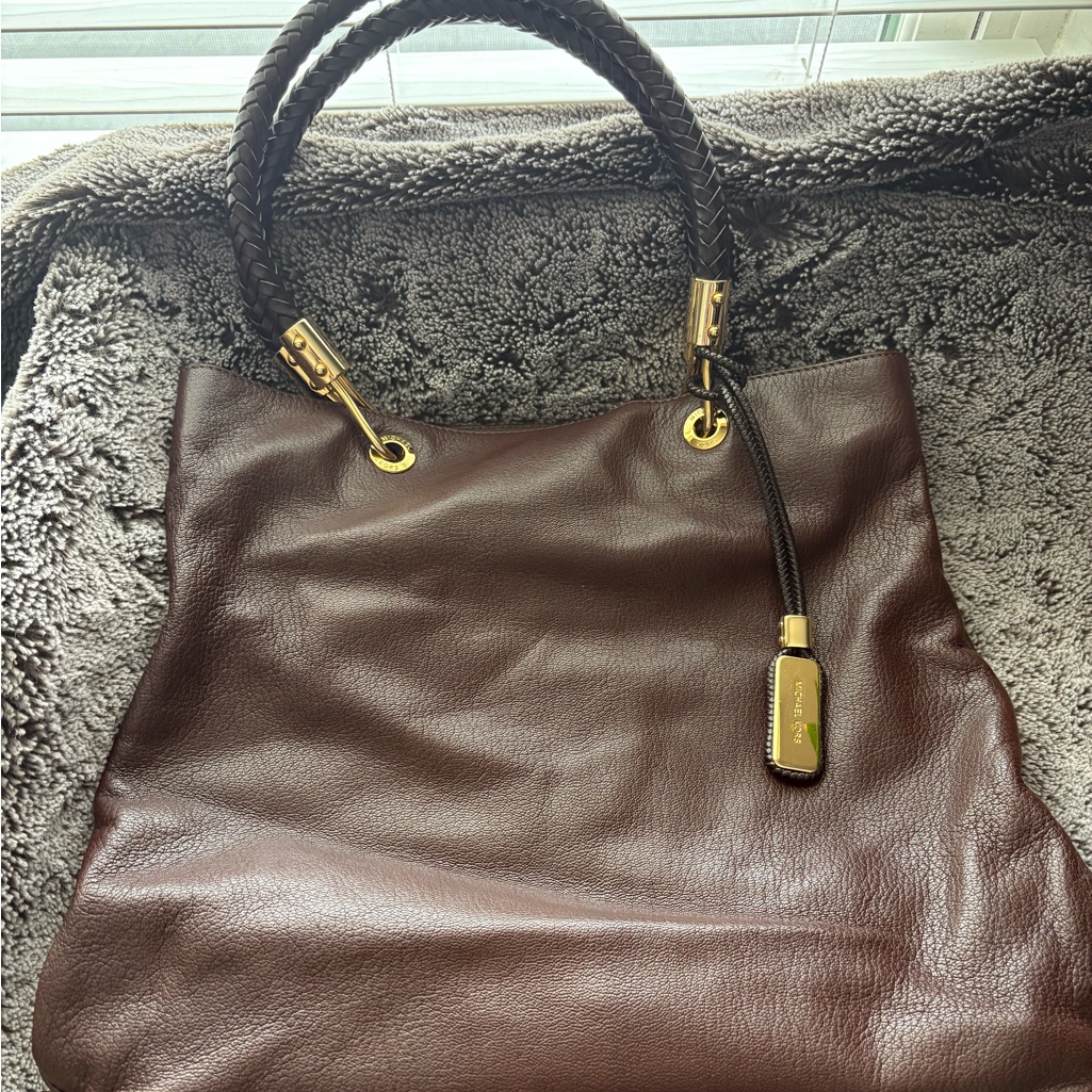 Michael Kors Dark Brown Braided-Handle Leather Tote With Gold Hardware